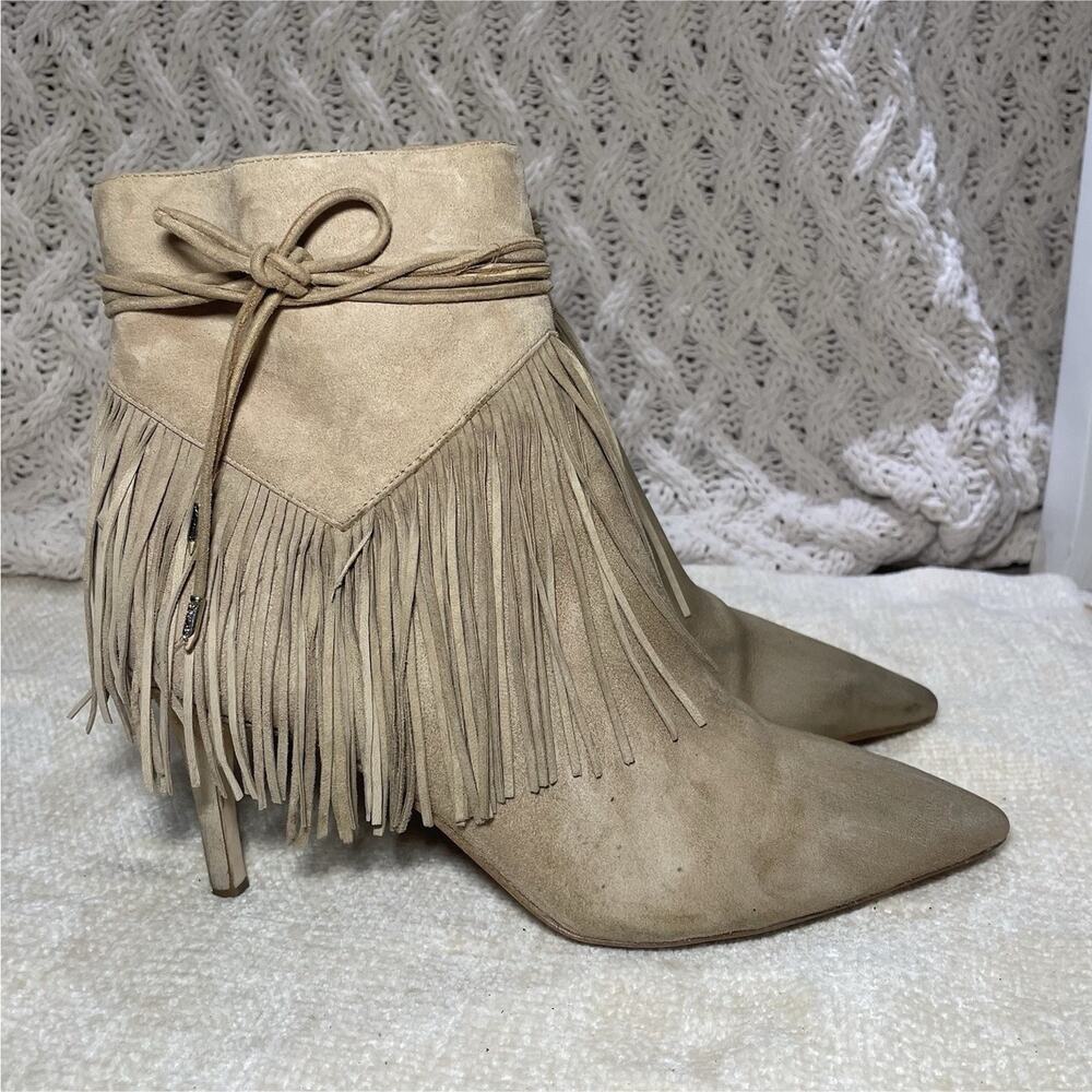 Sam Edelman Marion Beige Suede Fringe Pointed Toe Ankle Bootie Zip US 8.5M
